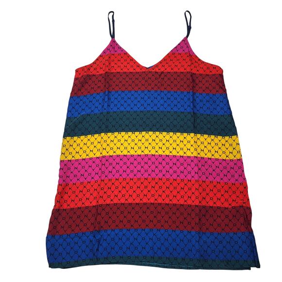 DKNY Rainbow Stripe Logo Tank Mini Dress Spaghetti Strap Red Yellow Pink Large - Picture 1 of 10